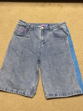 AMD Light Wash Denim Shorts with Bright Blue Side Panel